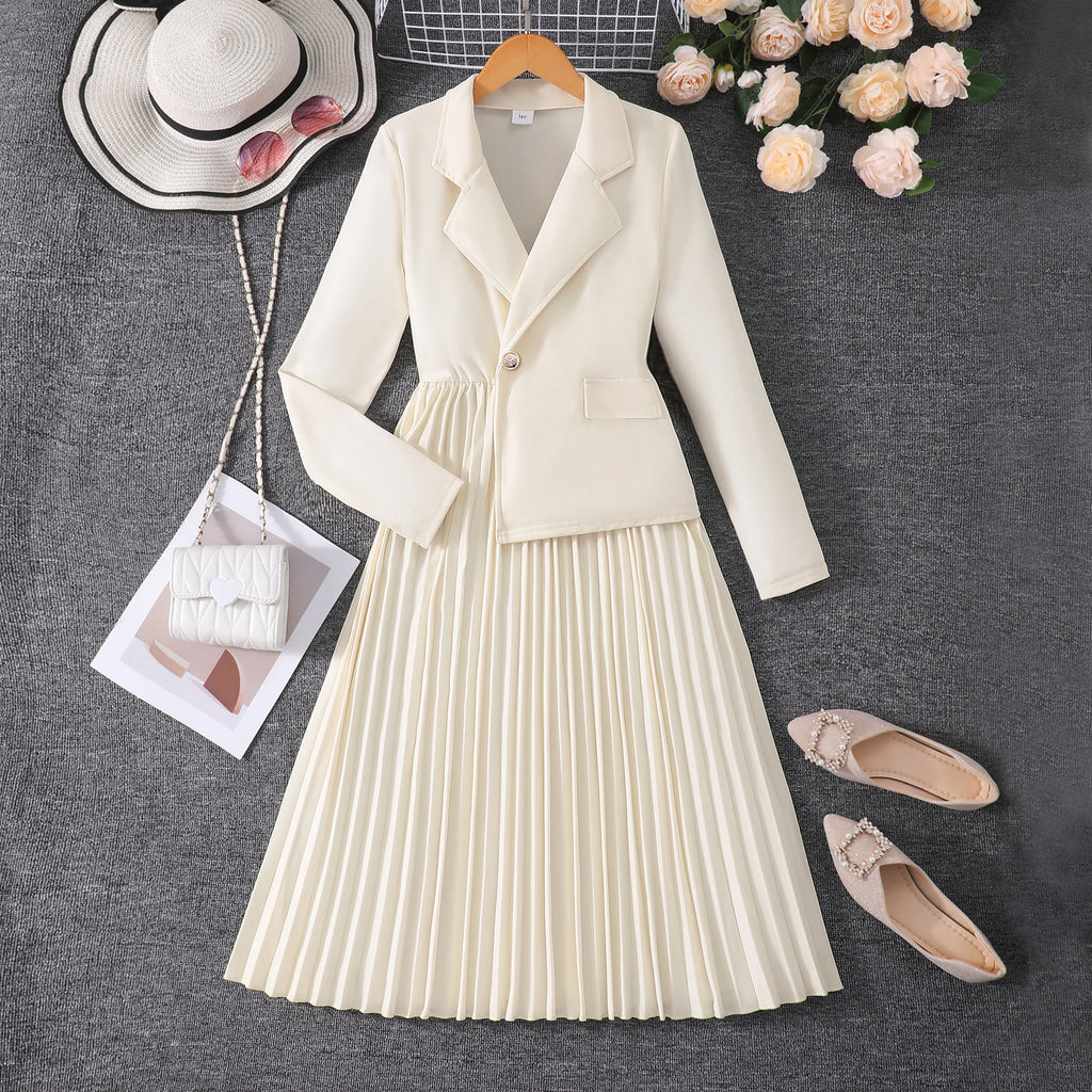 Teen Girls' 13-16Y Blazer Dress - Classic Cream Color, Asymmetrical Hem, Romantic & Elegant, Ideal for Formal Occasions, Stylish