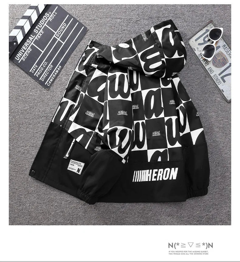 Teenager Boys Color Block Hooded Jacket 2026 Children Spring Autumn Handsome Letter Print Windbreak Coat Kids Clothes Outerwear