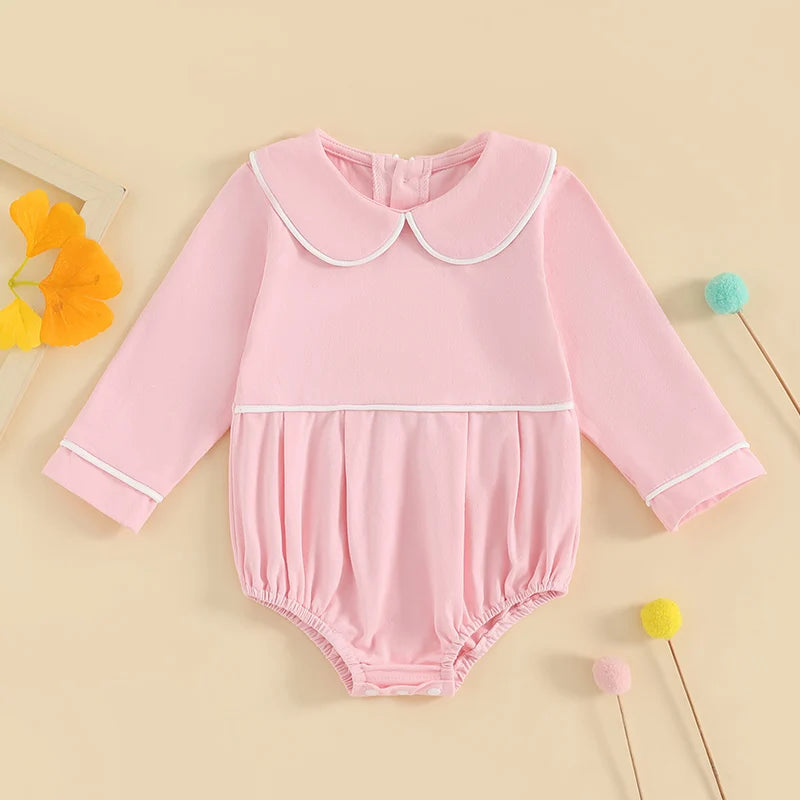 Pudcoco Baby Boys Girls Romper Long Sleeve Doll Collar Contrast Line Solid Color Bodysuit Newborn Playsuit