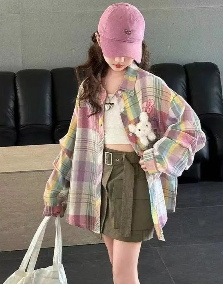 Plaid Shirt for Tween Girls 2025 Spring Casual Floral Print Long Sleeve Outerwear Children's Garment Trendy