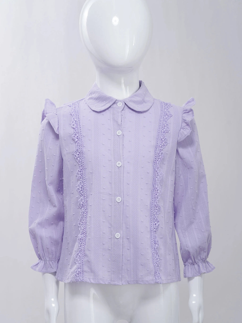 Kids Girls Shirts Spring Autumn Cotton Cute Lace Trim Collar Solid Color Puff Sleeve Bowknot Blouse Tops Casual School Uniform
