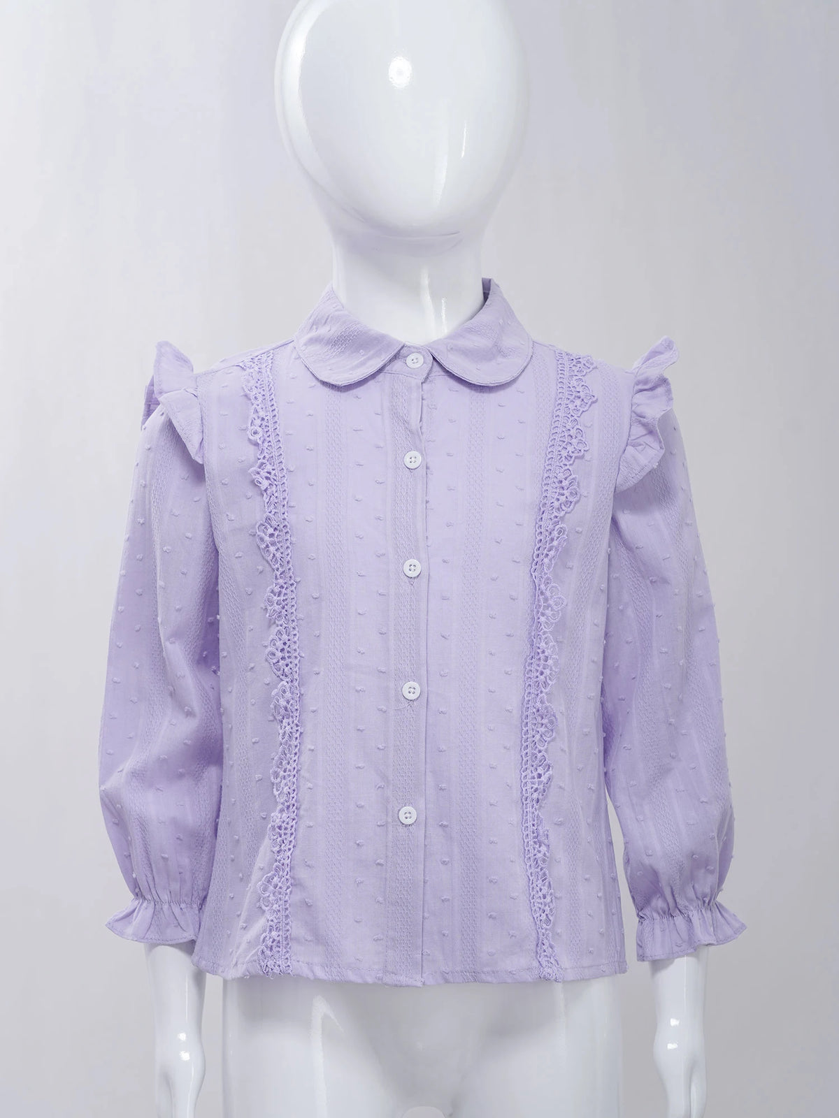 Kids Girls Shirts Spring Autumn Cotton Cute Lace Trim Collar Solid Color Puff Sleeve Bowknot Blouse Tops Casual School Uniform