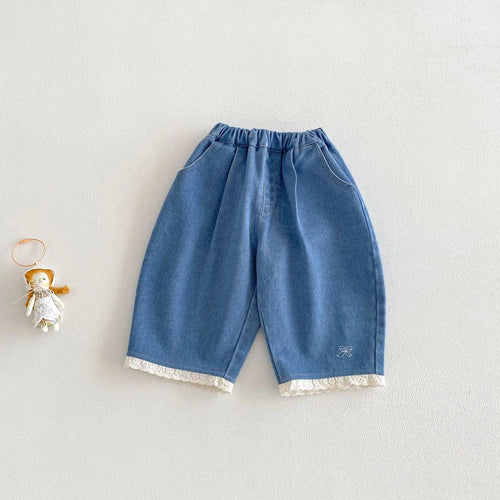 0-5Y Girls Casual Denim Long Pants Spring Kids Girls Lace Trim Hem Bow Embroidery Loose Jeans for Children Daily Clothes