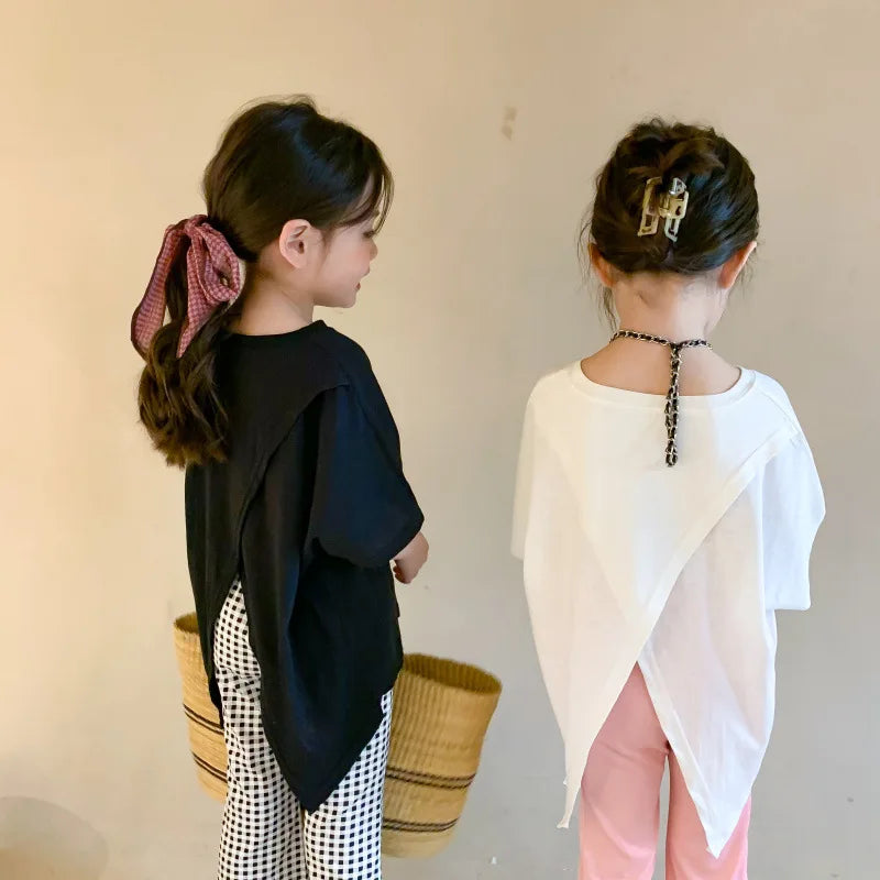 Girls T-shirt Children's Fashion T-shirt 2025 Summer New Style Back Fork Design T-shirt Baby Fashion Casual Short Sleeve Top