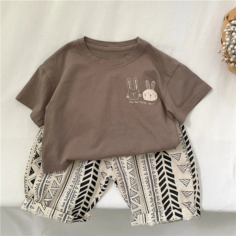 2026 Summer 2-8 Years Girls Boys Cute Print Rabbit Short Sleeve Cotton T-shirts Kids Tee