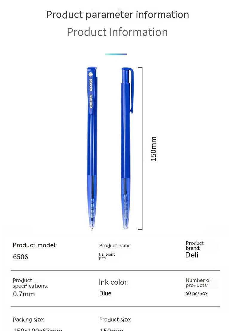DELI-Bullet Tip Ballpoint Pen Set, Fine Point 0.7mm, Blue Ink, Office and School Supplies, Stationery