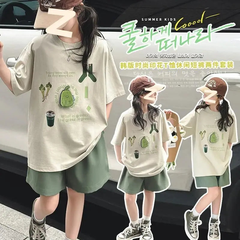 Summer Teenage Girls Clothes Set Children Lemon Fruit Printed T-shirts and Shorts 2pcs Suit Kid Top Bottom Outfits Tracksuits