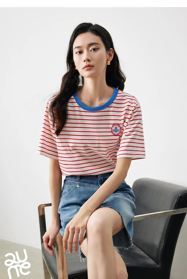 TOYOUTH Women T Shirts 2026 Summer New Striped Short Sleeve Age Reducing College Style Crew Neck Tops