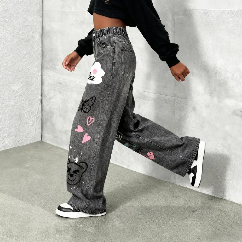 Girls' Y2K Cartoon Graffiti Print Wide Leg Faux Jeans - Teen Fashion Loose Fit Faux Jeans with Smiley Face, Butterfly and Bear P