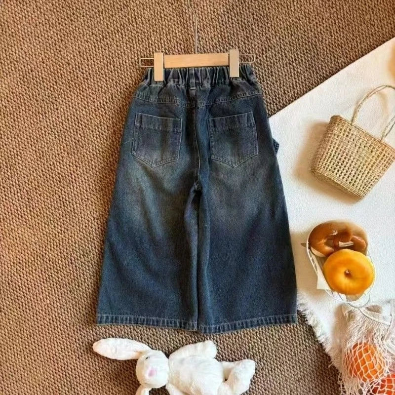 Kids Girls Wide Leg Jeans 2025 New Arrival CHildren Casual Loose False Two-piece Denim Trousers Spring Autumn Cotton Pants