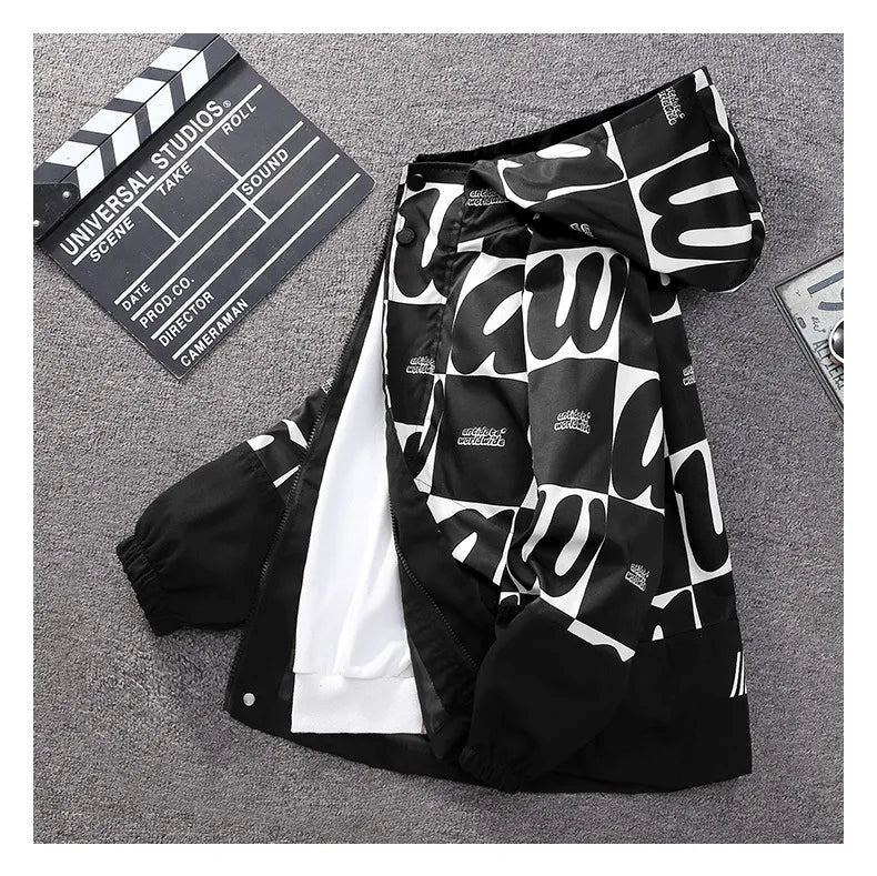 Teenager Boys Color Block Hooded Jacket 2026 Children Spring Autumn Handsome Letter Print Windbreak Coat Kids Clothes Outerwear