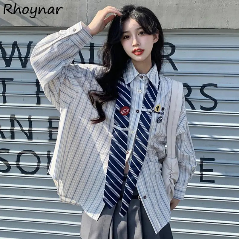 Striped Shirts Women Baggy Preppy Sweet Teens Youth Girlish Japanese Street Personal Designer Harajuku Ins Fashion Clothing Cozy