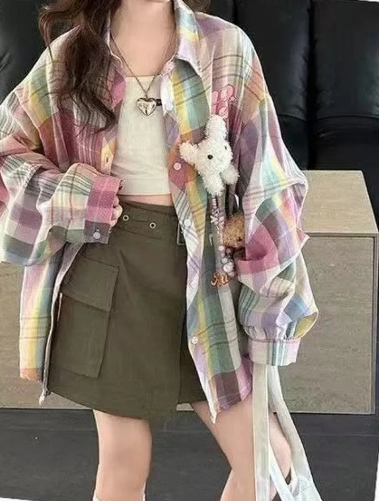 Plaid Shirt for Tween Girls 2025 Spring Casual Floral Print Long Sleeve Outerwear Children's Garment Trendy