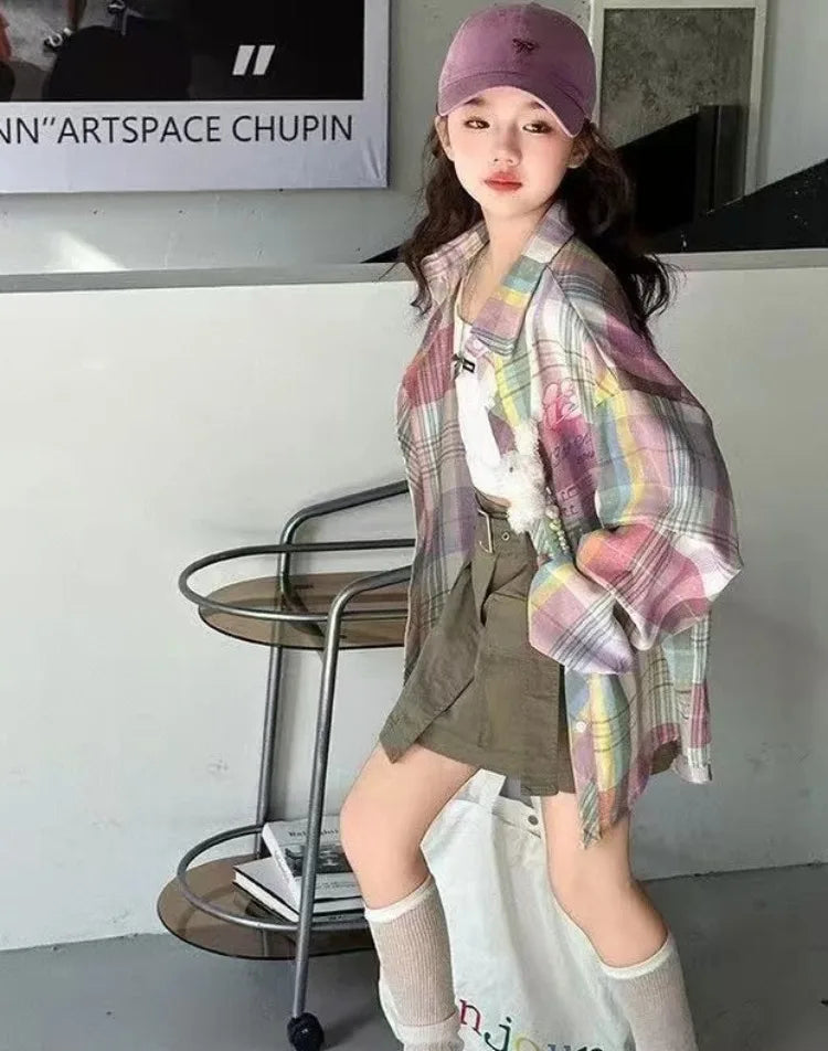 Plaid Shirt for Tween Girls 2025 Spring Casual Floral Print Long Sleeve Outerwear Children's Garment Trendy