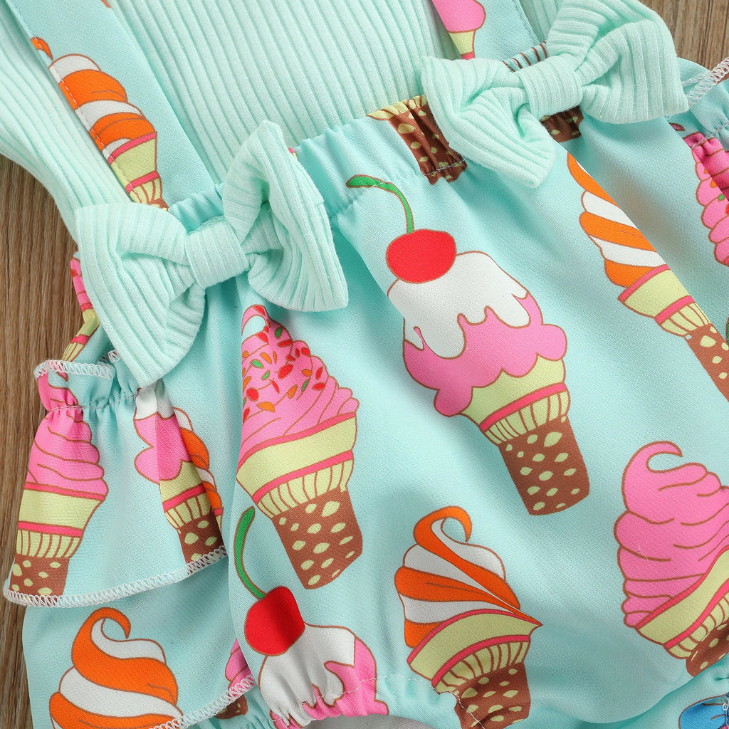 2Pcs Baby Girls Summer Outfits Fly Sleeve Rib Knit Tops Bow Suspender Skirt Set