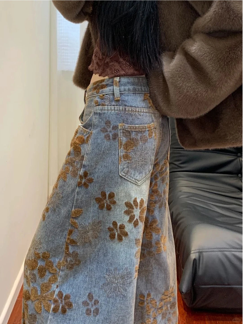 Retro American Design Embroidered Fleece High Waist Loose Wide Leg Thickened Jeans High Waist Ladies Casual Pants