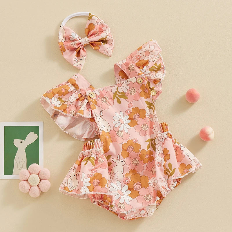 Baby Girls 2Pcs Easter Outfits Ruffle Sleeve Bunny Floral Print Romper Headband Set Newborn Clothes