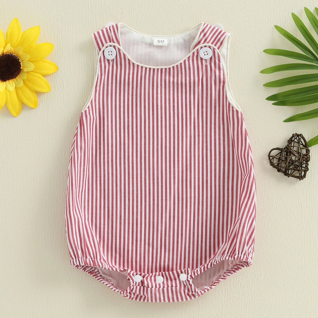 Baby Boy Romper Summer Sleeveless Round Neck Button Shoulder Stripes Print Romper Newborn Overalls