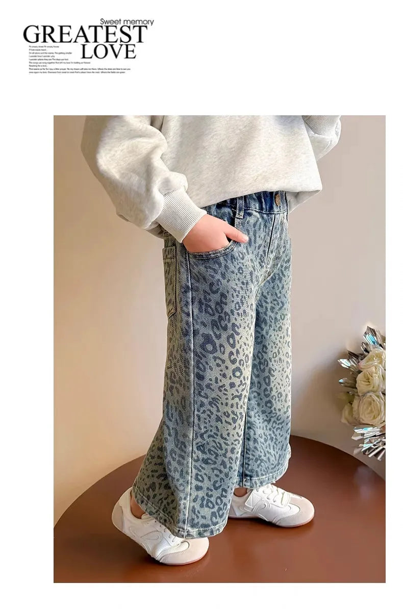 Girls Pants Spring Clothing New Children's Fashionable Jeans Leopard Pattern Wide Legs for Baby Girls