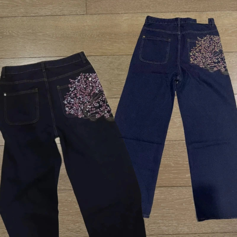 2025 autumn new European and American jeans embroidered pattern loose and personalized street Harajuku straight trousers