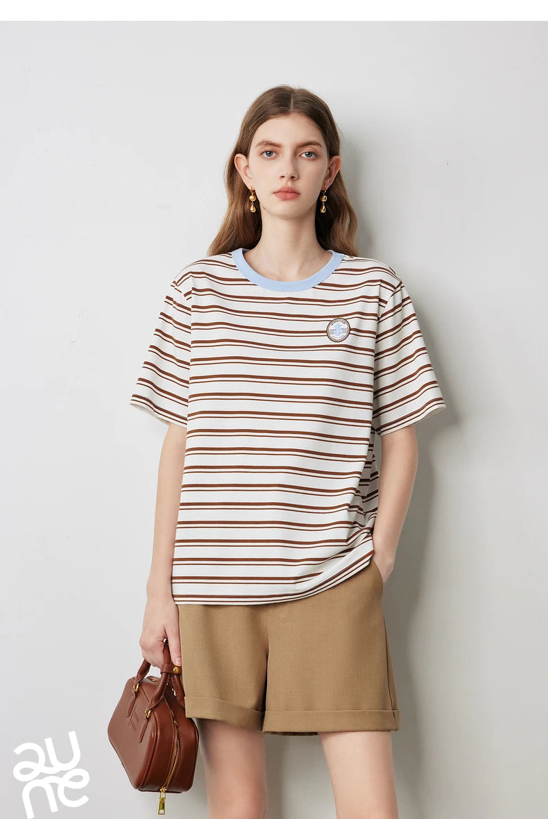 TOYOUTH Women T Shirts 2026 Summer New Striped Short Sleeve Age Reducing College Style Crew Neck Tops