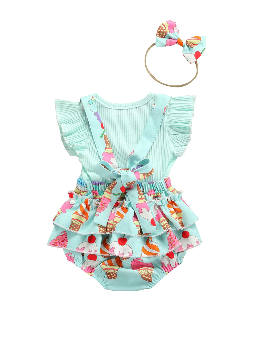 2Pcs Baby Girls Summer Outfits Fly Sleeve Rib Knit Tops Bow Suspender Skirt Set