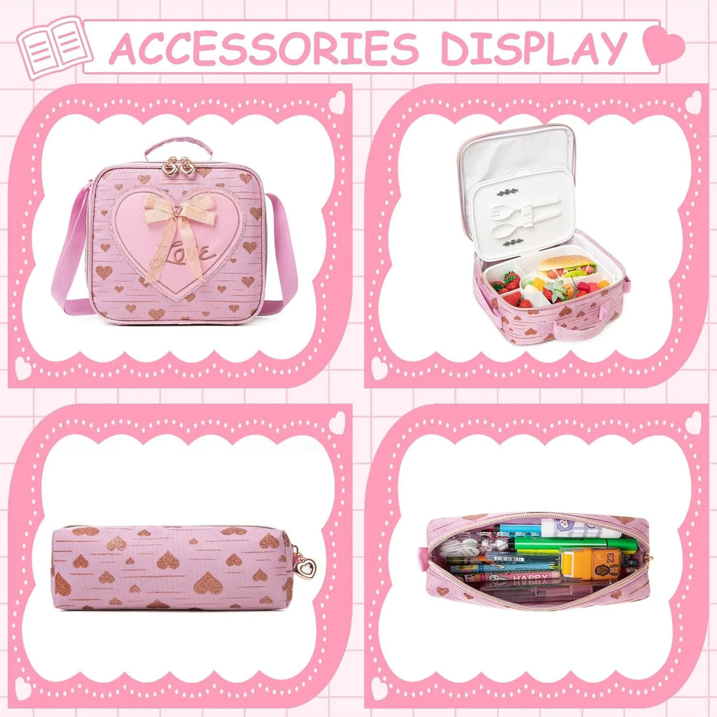 3PCS Girls School Backpack Set with Lunch Tote and Pencil Case Lightweight Elementary Bookbag for Kids Back To School Mochila
