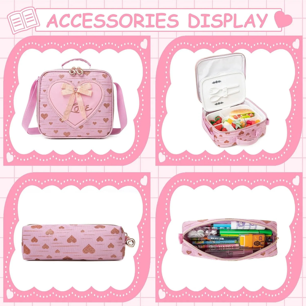 3PCS Girls School Backpack Set with Lunch Tote and Pencil Case Lightweight Elementary Bookbag for Kids Back To School Mochila