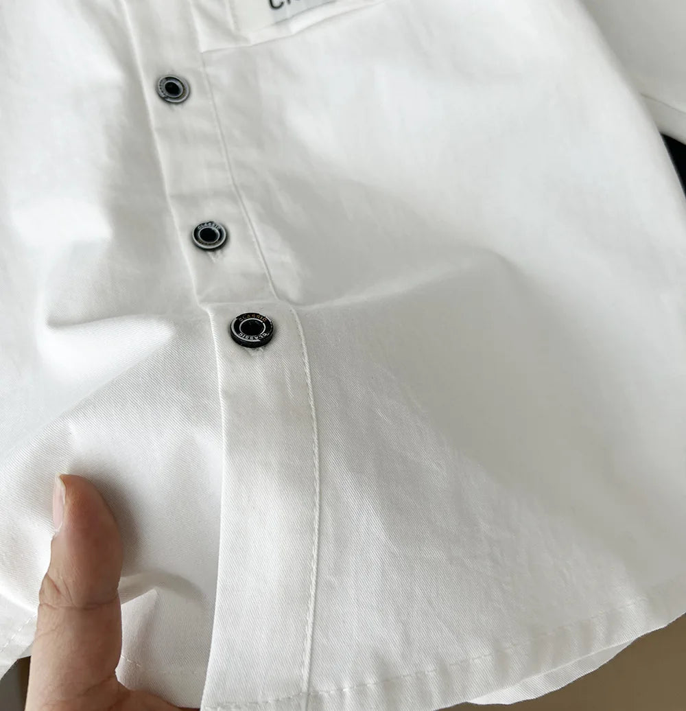Teen Boys Shirt Coats Spring Autumn New Solid Color Single Breasted Stand Collar Long Sleeve Top For 3-10Y Kids Cotton Shirt