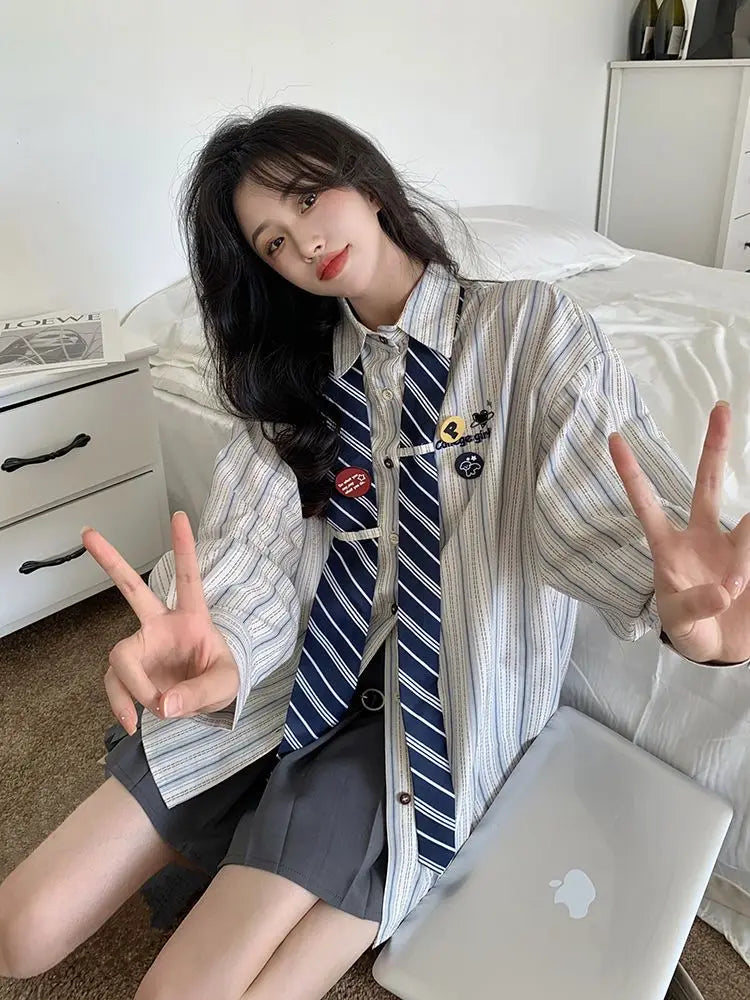 Striped Shirts Women Baggy Preppy Sweet Teens Youth Girlish Japanese Street Personal Designer Harajuku Ins Fashion Clothing Cozy