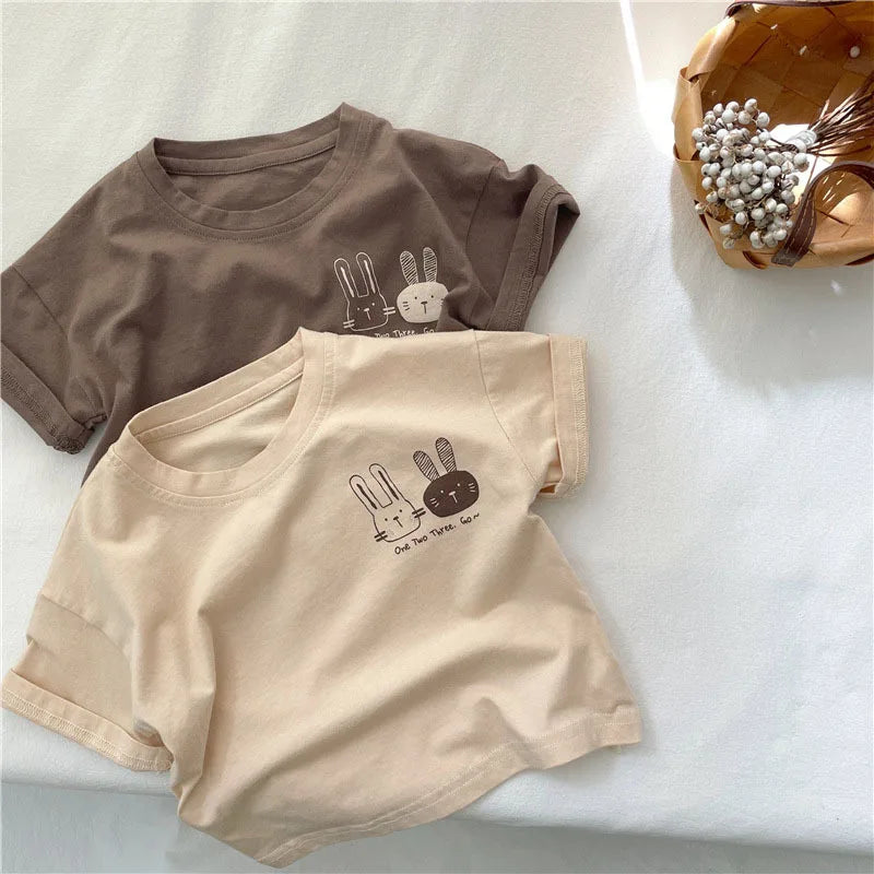 2026 Summer 2-8 Years Girls Boys Cute Print Rabbit Short Sleeve Cotton T-shirts Kids Tee