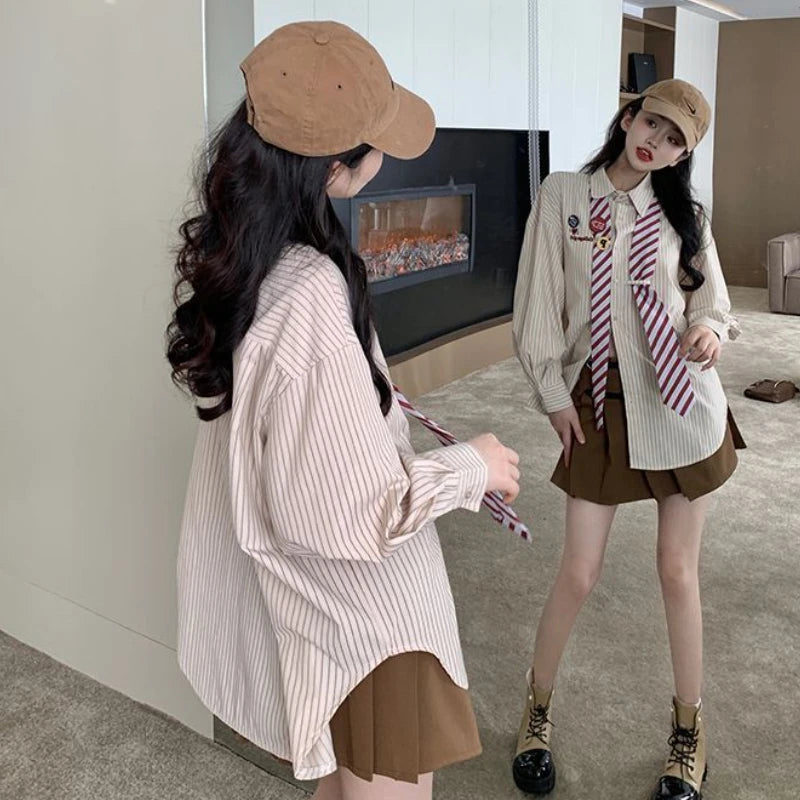 Striped Shirts Women Baggy Preppy Sweet Teens Youth Girlish Japanese Street Personal Designer Harajuku Ins Fashion Clothing Cozy