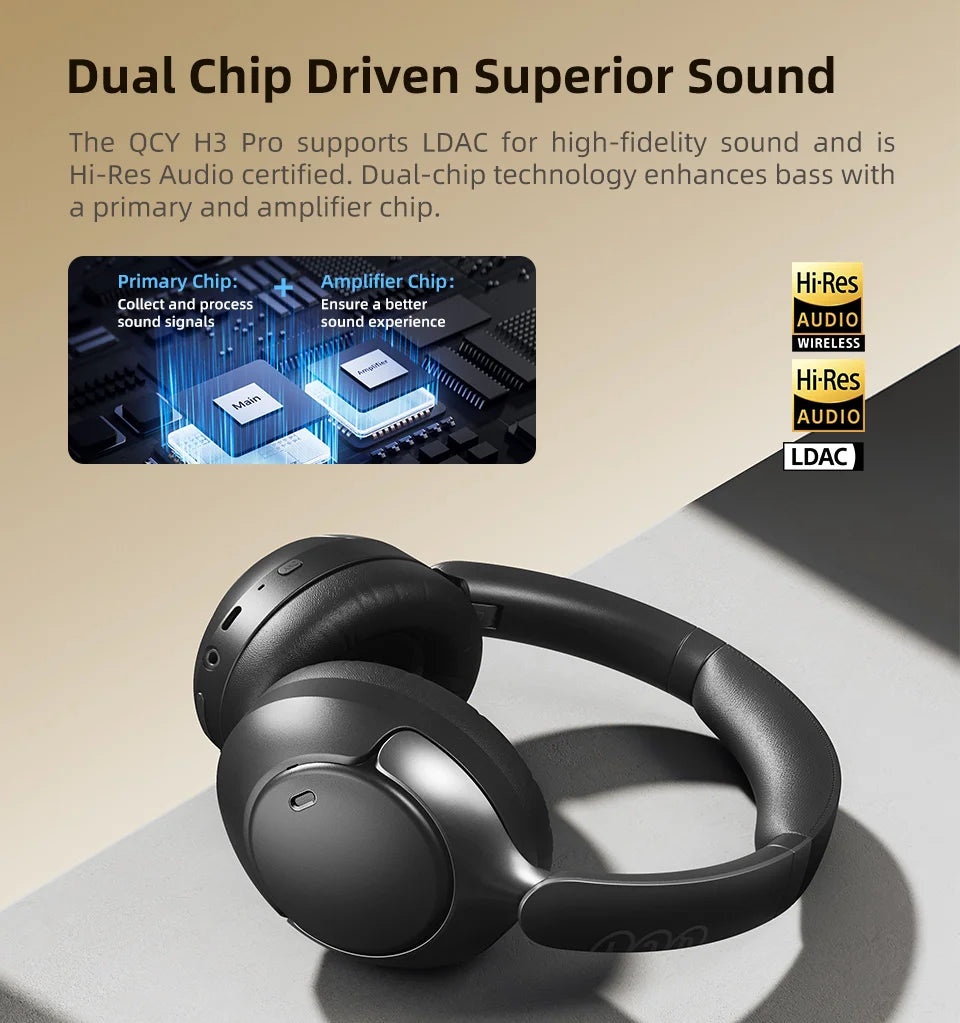 QCY H3 Pro ANC  Wireless Headphones 50dB Noise Canceling Bluetooth 5.4 LDAC Hi-Res Spatial Audio Over-Ear Headset 55H Playtime