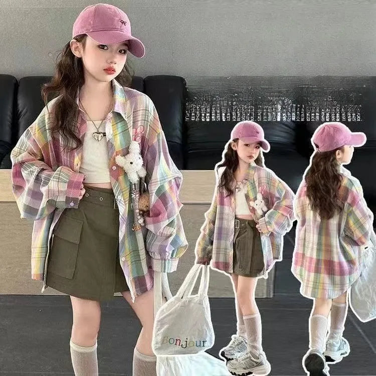 Plaid Shirt for Tween Girls 2025 Spring Casual Floral Print Long Sleeve Outerwear Children's Garment Trendy