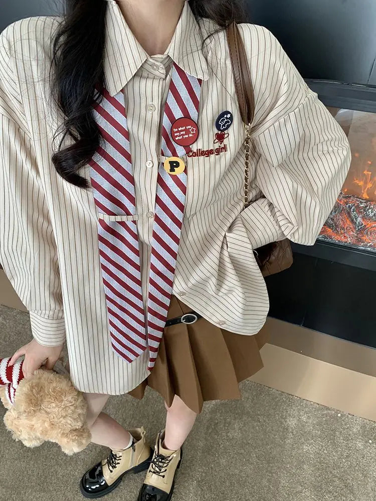 Striped Shirts Women Baggy Preppy Sweet Teens Youth Girlish Japanese Street Personal Designer Harajuku Ins Fashion Clothing Cozy
