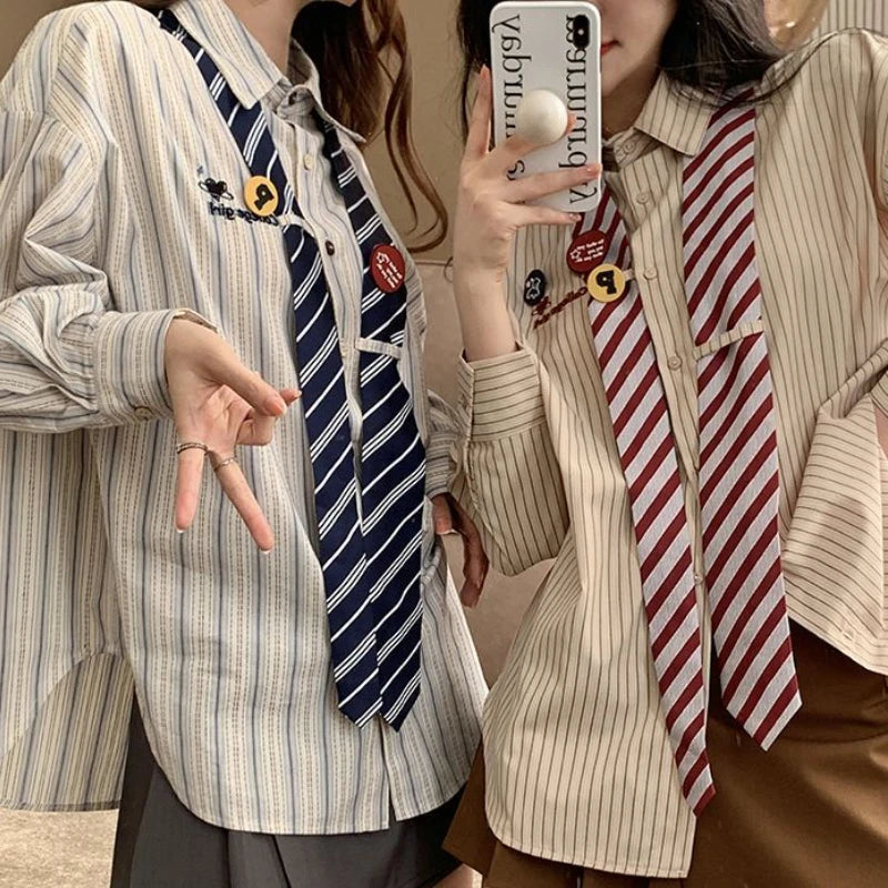 Striped Shirts Women Baggy Preppy Sweet Teens Youth Girlish Japanese Street Personal Designer Harajuku Ins Fashion Clothing Cozy
