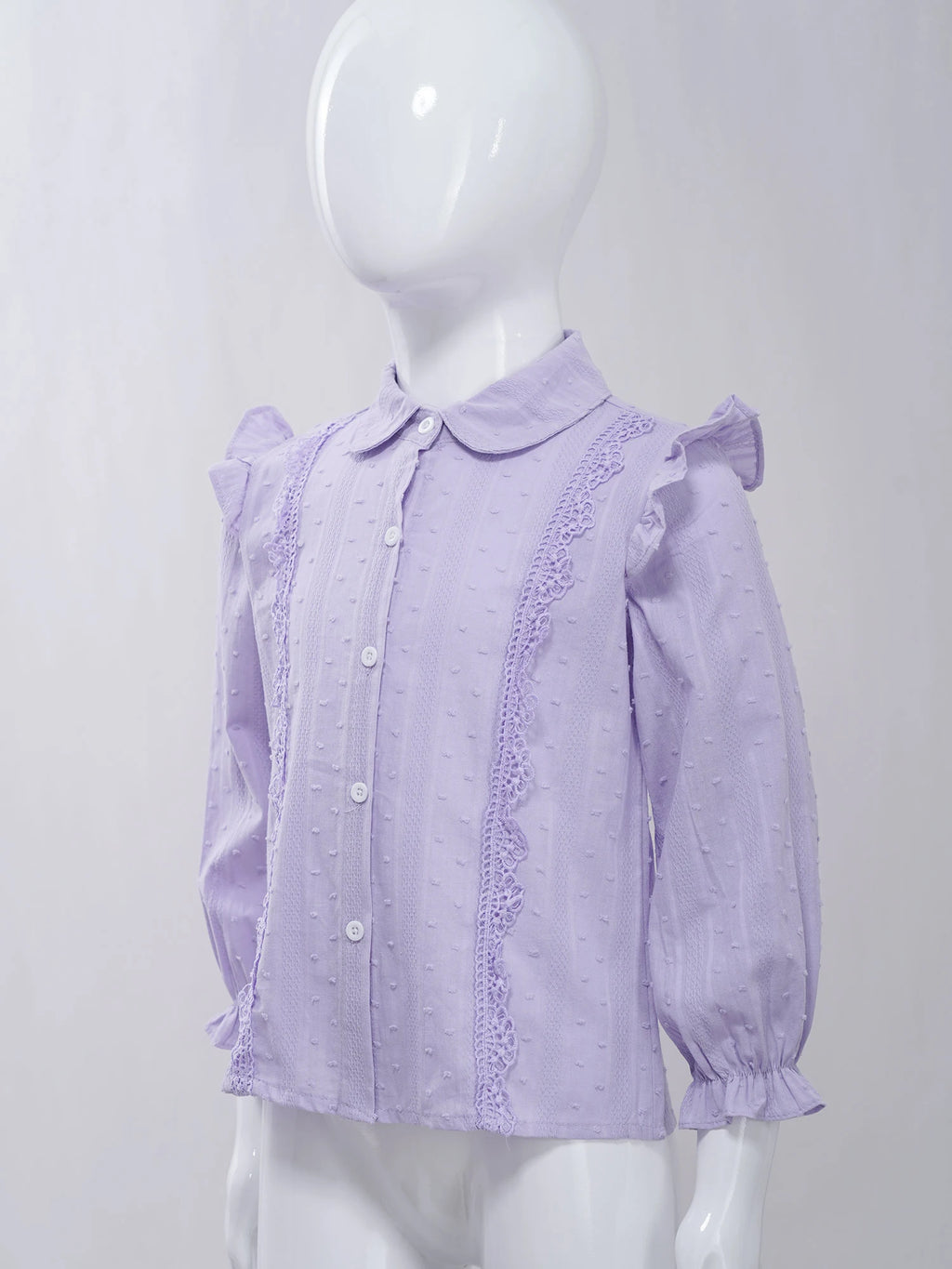 Kids Girls Shirts Spring Autumn Cotton Cute Lace Trim Collar Solid Color Puff Sleeve Bowknot Blouse Tops Casual School Uniform
