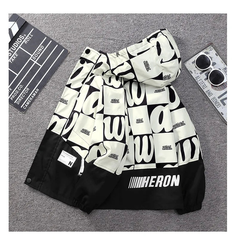 Teenager Boys Color Block Hooded Jacket 2026 Children Spring Autumn Handsome Letter Print Windbreak Coat Kids Clothes Outerwear