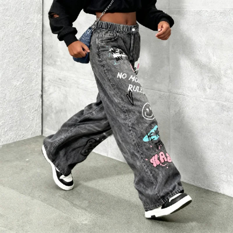 Girls' Y2K Cartoon Graffiti Print Wide Leg Faux Jeans - Teen Fashion Loose Fit Faux Jeans with Smiley Face, Butterfly and Bear P