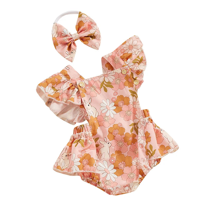 Baby Girls 2Pcs Easter Outfits Ruffle Sleeve Bunny Floral Print Romper Headband Set Newborn Clothes