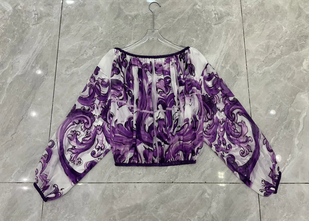 Boho Chic Summer Silk Blouse for Women | Off Shoulder Flowy Beach Vacation Top | Luxury Designer Loose Fit Printed Shirt