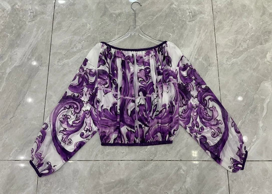 Boho Chic Summer Silk Blouse for Women | Off Shoulder Flowy Beach Vacation Top | Luxury Designer Loose Fit Printed Shirt