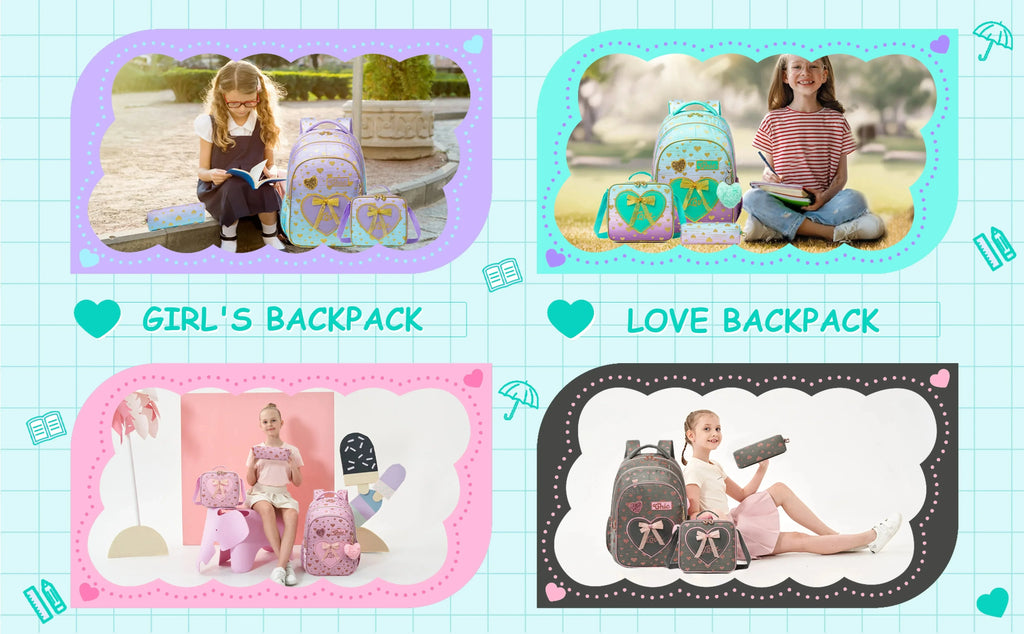 3PCS Girls School Backpack Set with Lunch Tote and Pencil Case Lightweight Elementary Bookbag for Kids Back To School Mochila