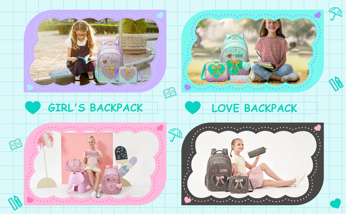 3PCS Girls School Backpack Set with Lunch Tote and Pencil Case Lightweight Elementary Bookbag for Kids Back To School Mochila