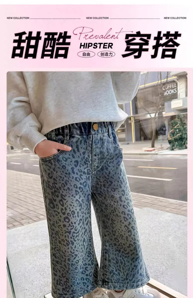Girls Pants Spring Clothing New Children's Fashionable Jeans Leopard Pattern Wide Legs for Baby Girls