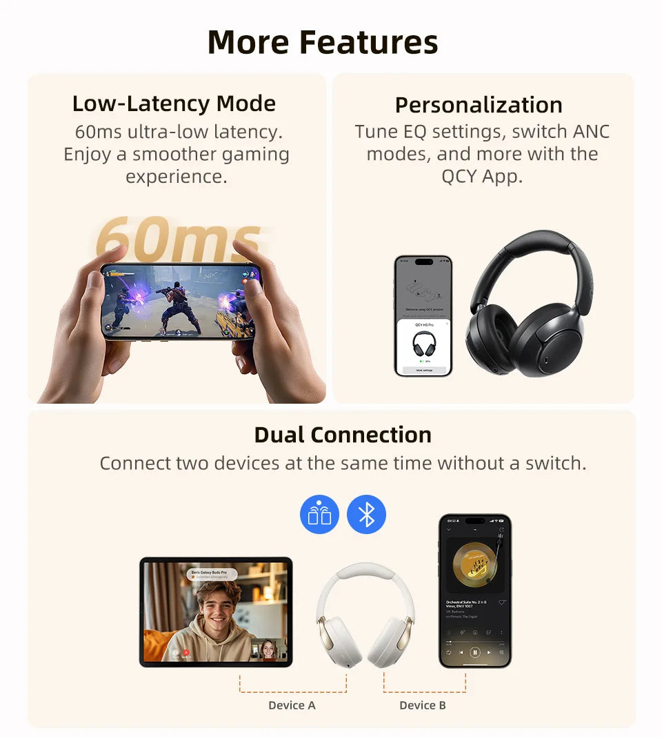 QCY H3 Pro ANC  Wireless Headphones 50dB Noise Canceling Bluetooth 5.4 LDAC Hi-Res Spatial Audio Over-Ear Headset 55H Playtime