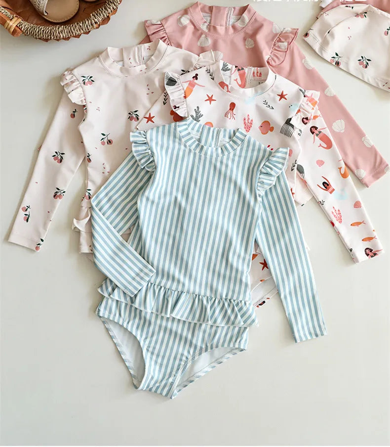 deer jonmi New 2026 Summer Toddlers Girls Printed Long Sleeve Swimsuits Ruffles Sunproof One-piece Children Beach Swimwear