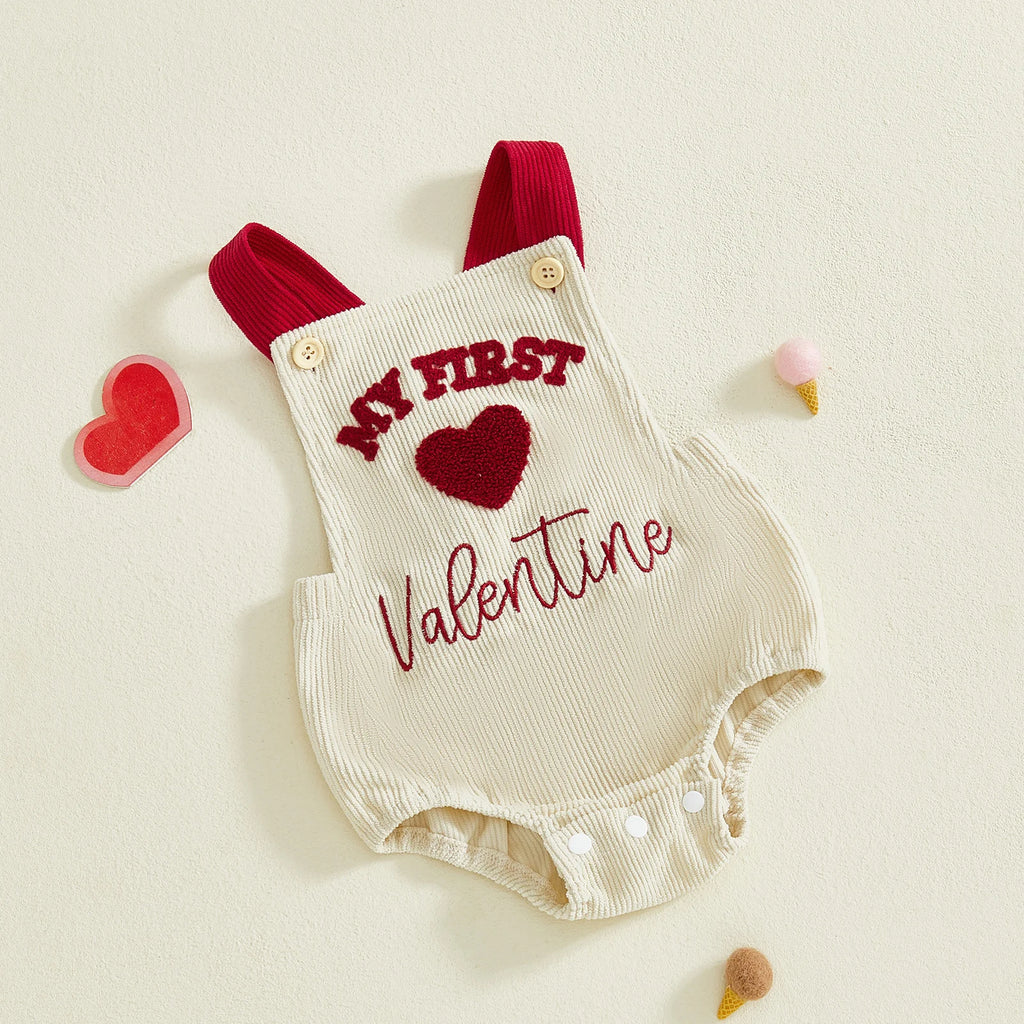 My First Valentines Day Baby Girl Boy Outfit Newborn Love Heart Romper Corduroy Sleeveless Bodysuit 0-18 Months
