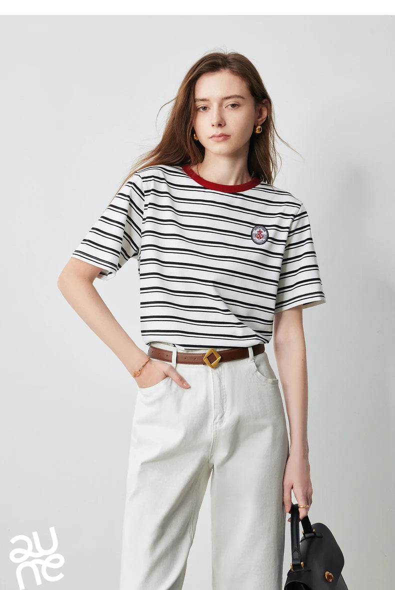 TOYOUTH Women T Shirts 2026 Summer New Striped Short Sleeve Age Reducing College Style Crew Neck Tops
