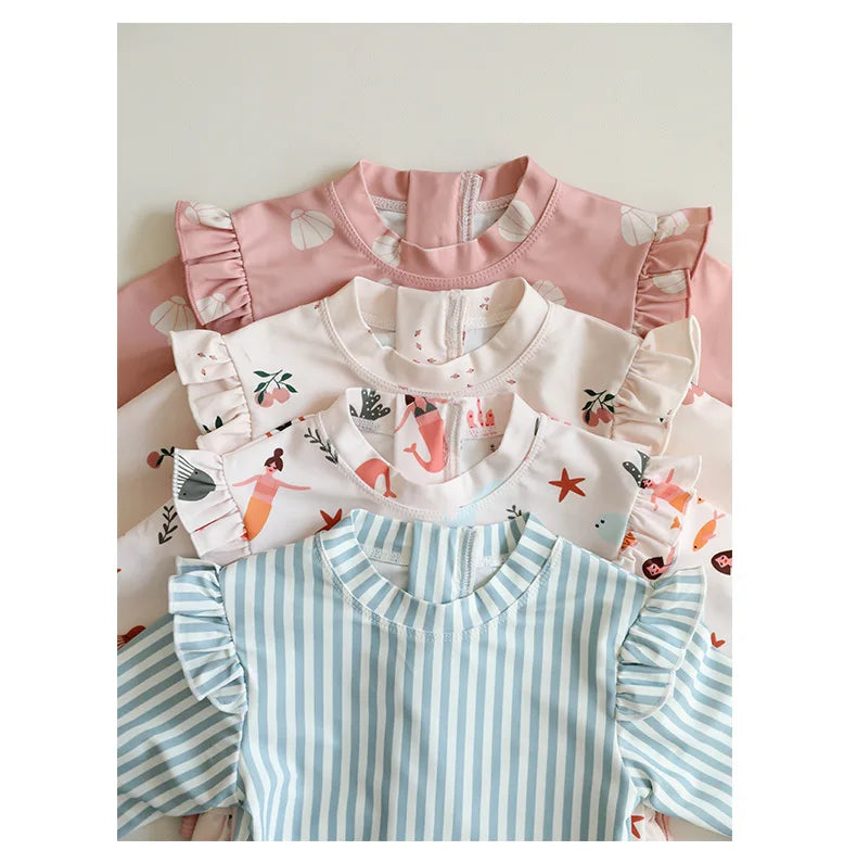 deer jonmi New 2026 Summer Toddlers Girls Printed Long Sleeve Swimsuits Ruffles Sunproof One-piece Children Beach Swimwear
